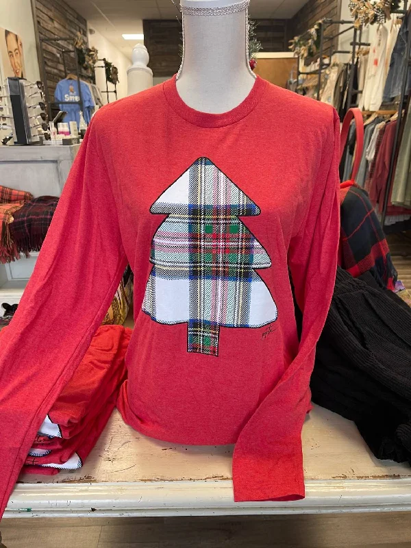 Women's Plaid Tree Longsleeve Tee In Red Collared T-Shirt Boat Neck A-Line