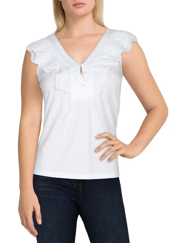 Womens Ruffled Eyelet T-Shirt Mesh Canvas Denim