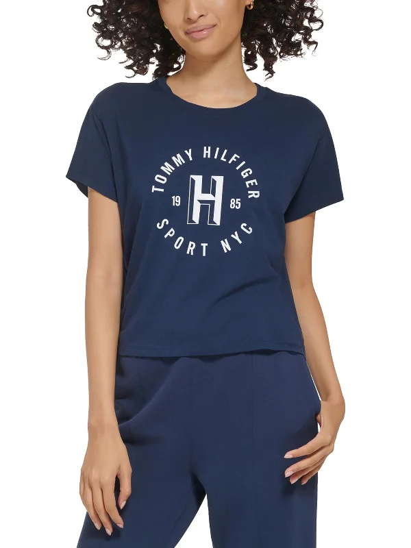 Womens Short Sleeve Logo Graphic T-Shirt Beaded Sequined Faux Fur