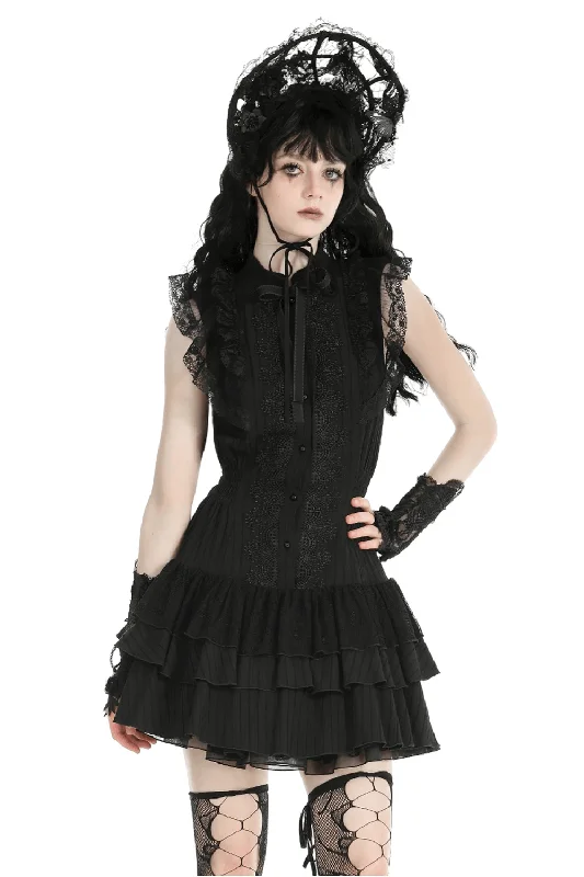 Black Lace Gothic Ruffled Dress with Ribbon Detail