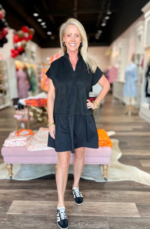 Black Suede/Poplin Dress