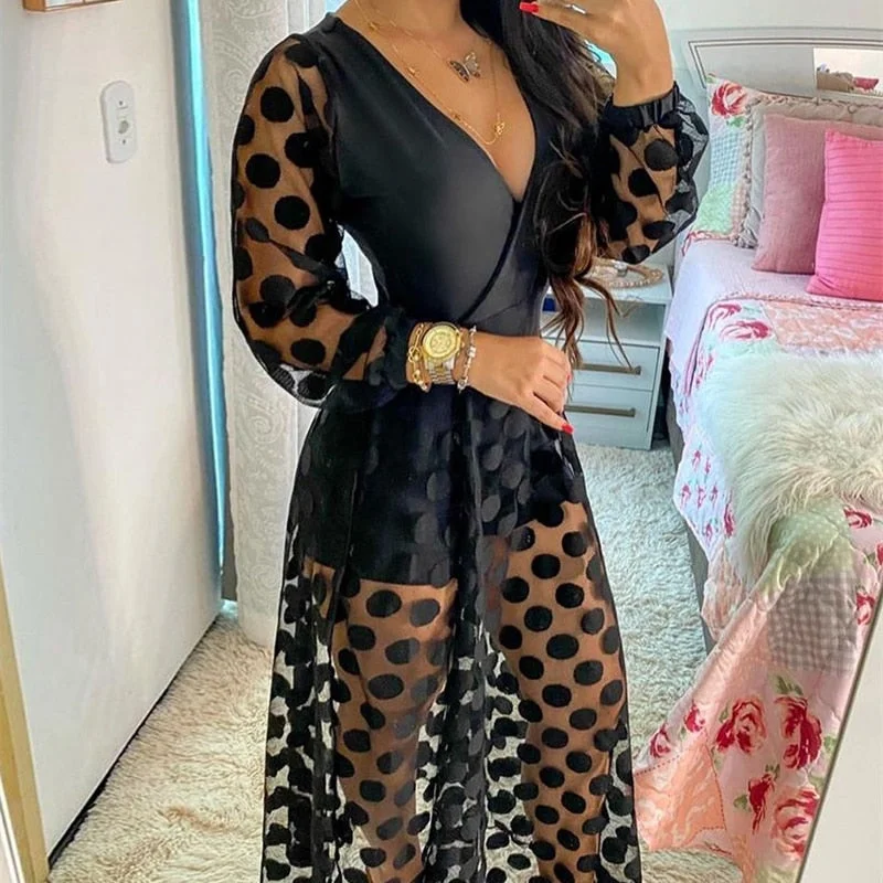 Women's Clothing Spring Polkadot Print Wrap Long Sleeve Maxi Dress See Through Party Wedding Formal Elegant Boho V Neck Elegant Maxi Dress with Lace