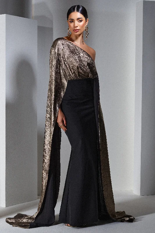 Alura | Black & Gold Metallic One Shoulder Cape Maxi Dress Trendy Floral Print Maxi Dress