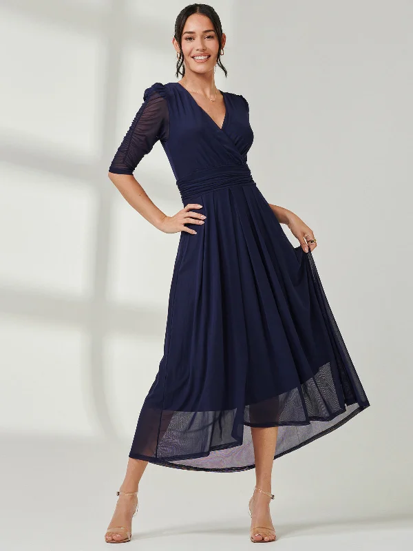 Aneissa Ruched Sleeve Mesh Maxi Dress, Navy Fashionable Halter Neck Maxi Dress
