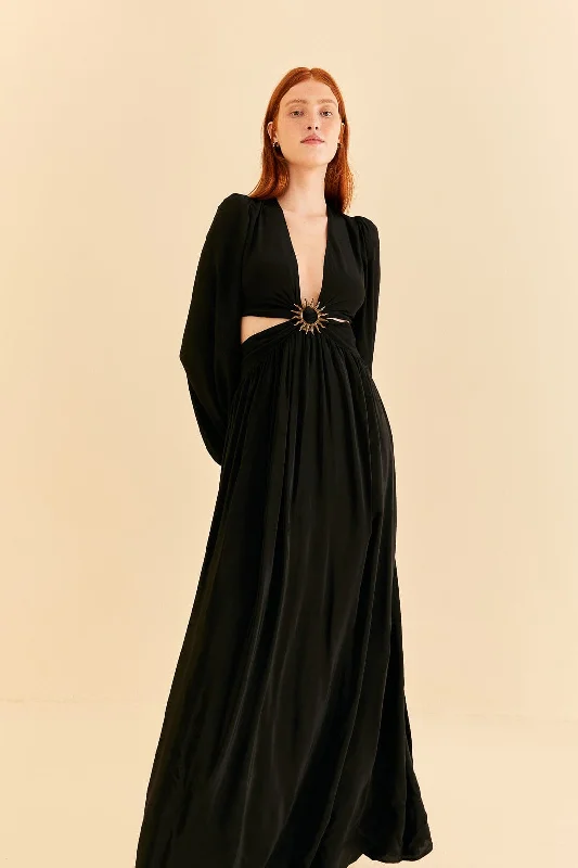 Black Cut Out Long Sleeve Maxi Dress Stylish A-Line Maxi Dress