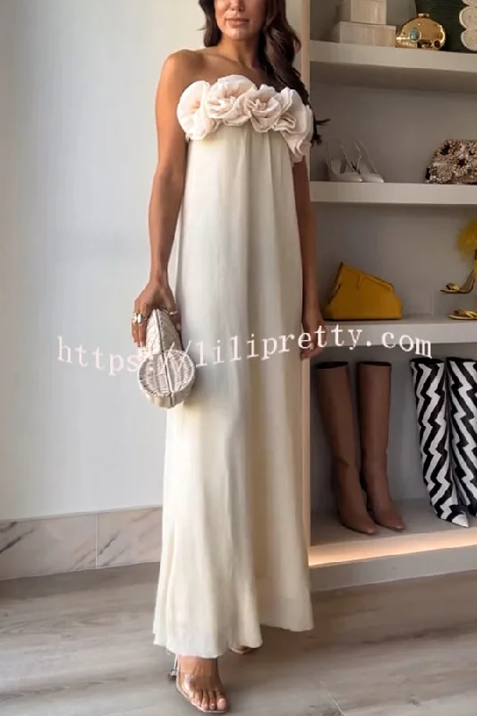 Blooming Chic Flower Applique Elastic Off Shoulder Strapless Maxi Dress Trendy Maxi Dress with Belt Blooming Chic Flower Applique Elastic Off Shoulder Strapless Maxi Dress Trendy Maxi Dress with Belt