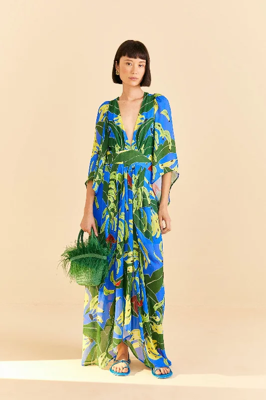 Blue Banana Leaves Maxi Dress Comfortable Ruffle Maxi Dress