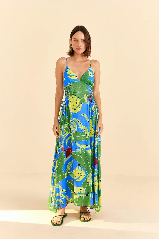 Blue Banana Leaves Sleeveless Maxi Dress Comfortable Pleated Maxi Dress