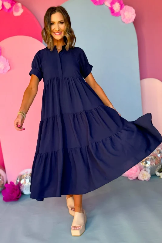 Blue Button Front Tiered Short Sleeve Maxi Dress Comfortable Pleated Maxi Dress
