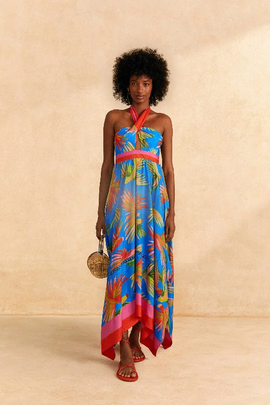 Blue Painted Birds Maxi Dress Trendy Maxi Dress with Lace