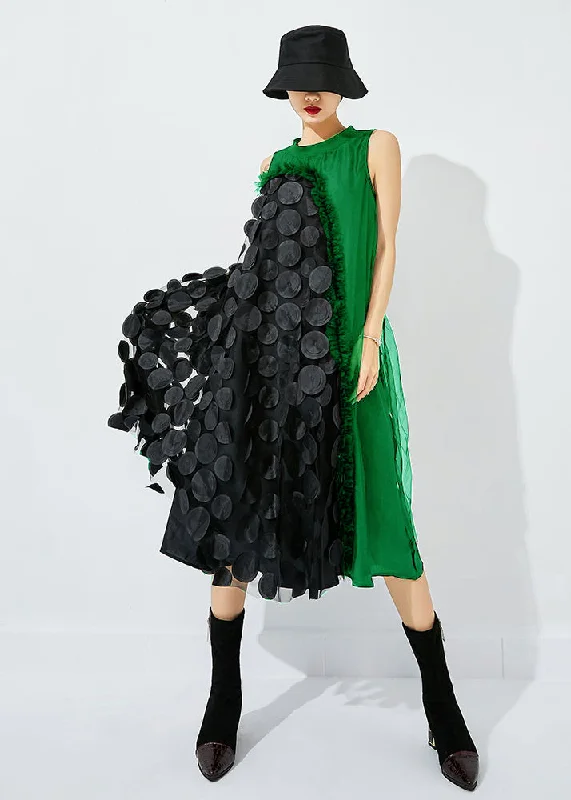 Bohemian Light Green-Black Dot Asymmetrical Patchwork Wrinkled Tulle Maxi Dress Sleeveless Elegant Maxi Dress with Pockets Bohemian Light Green-Black Dot Asymmetrical Patchwork Wrinkled Tulle Maxi Dress Sleeveless Elegant Maxi Dress with Pockets