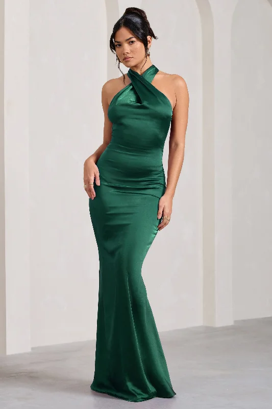 Unstoppable | Bottle Green Satin Cross Over Halterneck Maxi Dress Elegant Maxi Dress with Lace Unstoppable | Bottle Green Satin Cross Over Halterneck Maxi Dress Elegant Maxi Dress with Lace