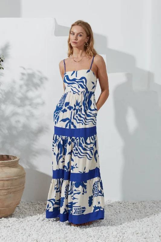 Cali Blue Abstract Contrast Tiered Maxi Dress Elegant Wraparound Maxi Dress