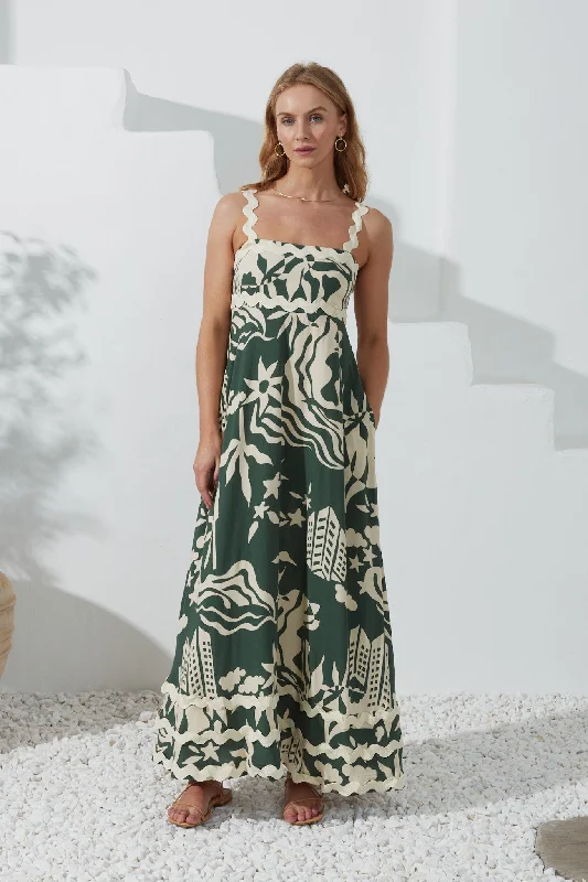 Cali Green Abstract Ric Rac Maxi Dress Stylish Maxi Dress with Frills