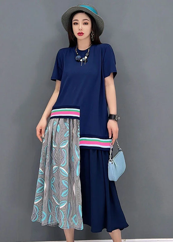 Casual Blue O-Neck Asymmetrical Design Cotton Maxi Dress Short Sleeve Stylish Long Sleeve Maxi Dress