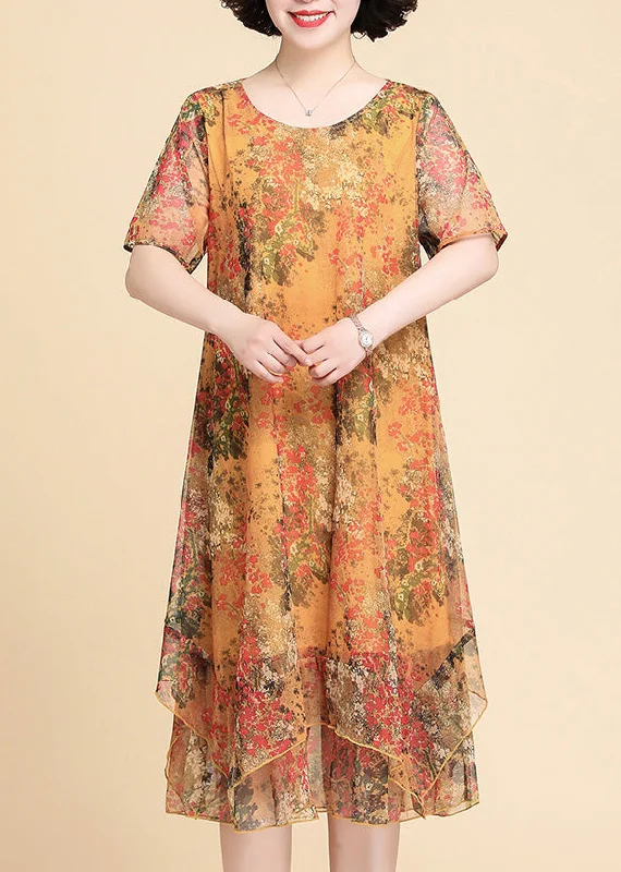 Casual Yellow Print Chiffon Maxi Dress Summer Comfortable Pleated Maxi Dress