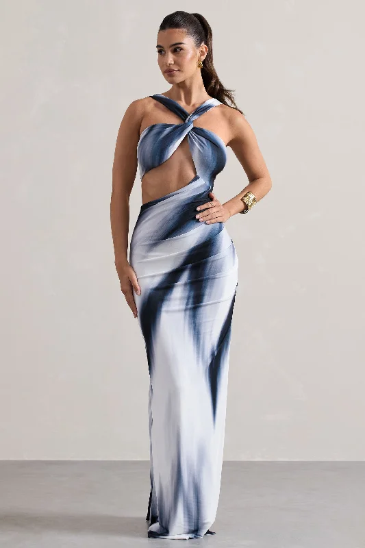 Chorus | White Print Halter-Neck Split Maxi Dress With Cut-Out Comfortable Ruffle Maxi Dress Chorus | White Print Halter-Neck Split Maxi Dress With Cut-Out Comfortable Ruffle Maxi Dress