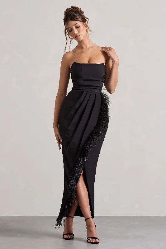 Chosen | Black Bandeau Wrap Maxi Dress With Feather Trim Cozy Wrap Maxi Dress