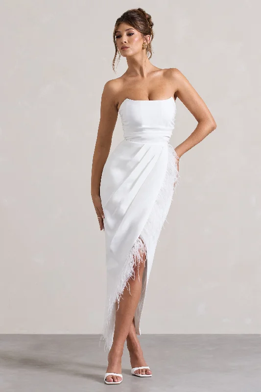 Chosen | White Bandeau Wrap Maxi Dress With Feather Trim Comfortable Cotton Maxi Dress Chosen | White Bandeau Wrap Maxi Dress With Feather Trim Comfortable Cotton Maxi Dress