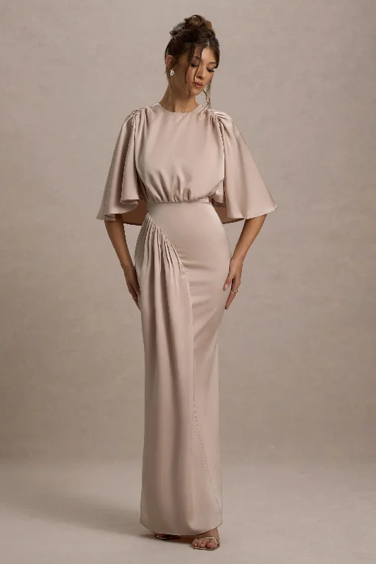 Cinder | Champagne Satin Gathered Maxi Dress Trendy Maxi Dress with Lace