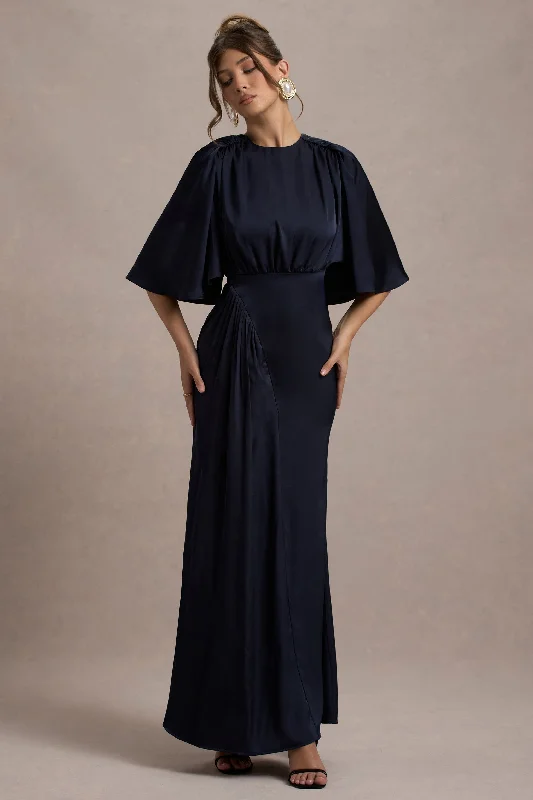 Cinder | Navy Satin Gathered Maxi Dress Fashionable High-Waist Maxi Dress