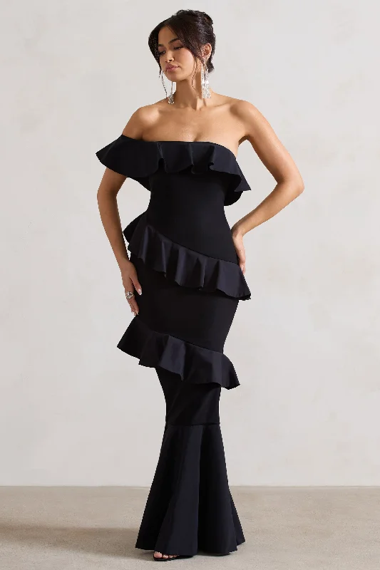 Cinematic | Black Bardot Ruffled Fishtail Maxi Dress Comfortable Cotton Maxi Dress