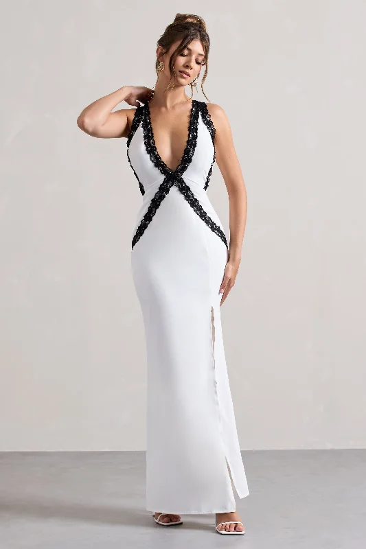 Cirilla | White Plunge-Neck Split Maxi Dress With Lace Detail Stylish Button-Up Maxi Dress Cirilla | White Plunge-Neck Split Maxi Dress With Lace Detail Stylish Button-Up Maxi Dress