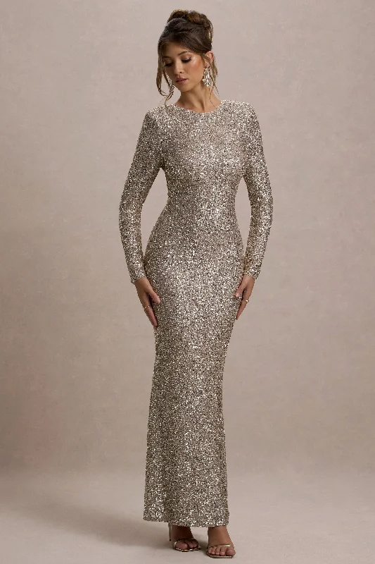 Citrine | Rose Gold Sequin Long-Sleeve Maxi Dress Trendy Maxi Dress with Straps