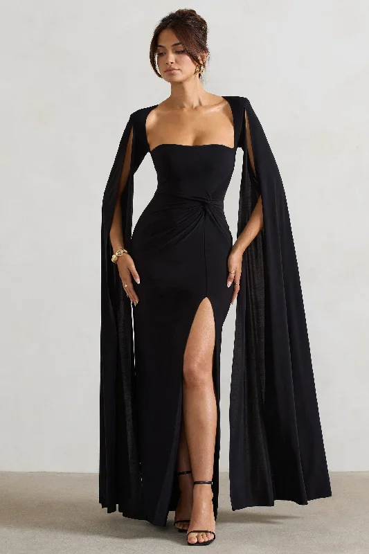 Claretta | Black Square Neck Twisted Maxi Dress With Cape Sleeves Stylish Maxi Dress with Frills