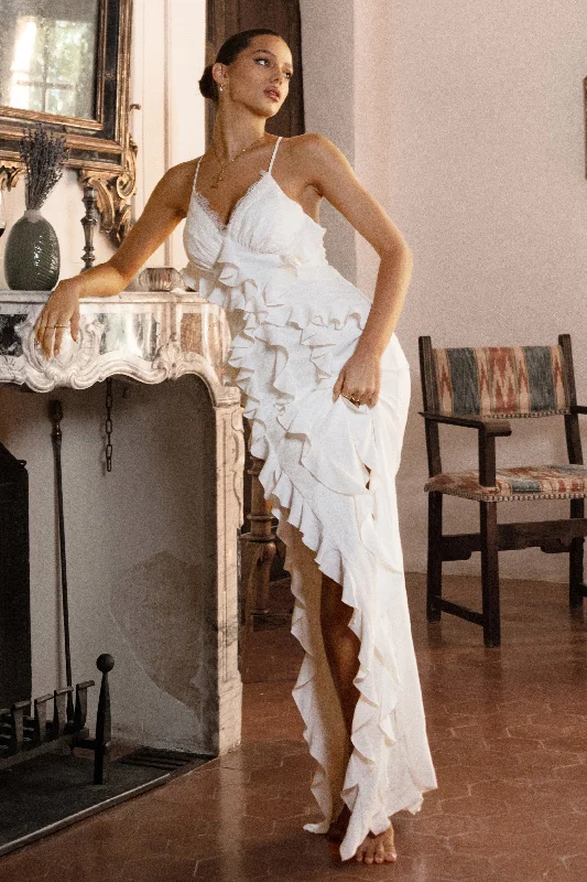 Clematis | White Lace Strappy Ruffled Maxi Dress Elegant Boho Maxi Dress