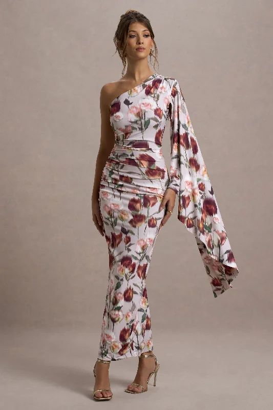 Clementina | Cream Floral Print Asymmetric Cape Sleeve Maxi Dress Fashionable Layered Maxi Dress Clementina | Cream Floral Print Asymmetric Cape Sleeve Maxi Dress Fashionable Layered Maxi Dress
