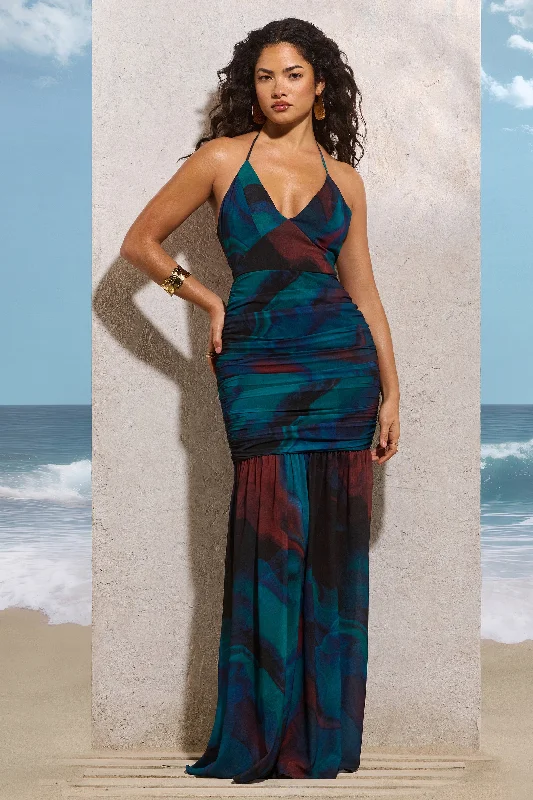 Clio | Blue Print Halter-Neck Chiffon Fishtail Maxi Dress Trendy V-Neck Maxi Dress