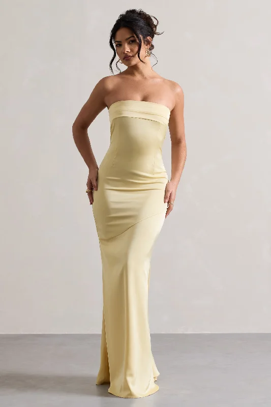 Colada | Lemon Satin Pleated Bandeau Maxi Dress Elegant Maxi Dress with Drapes