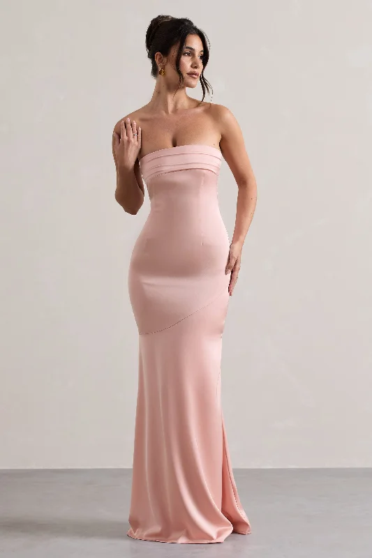 Colada | Pink Satin Pleated Bandeau Maxi Dress Stylish Empire Waist Maxi Dress