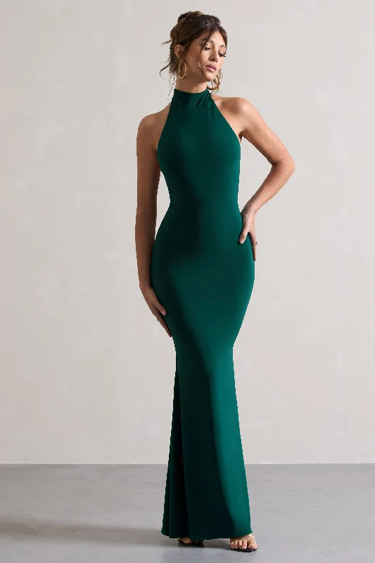 Colorado | Bottle Green High-Neck Fishtail Maxi Dress Stylish Maxi Dress with Pleats