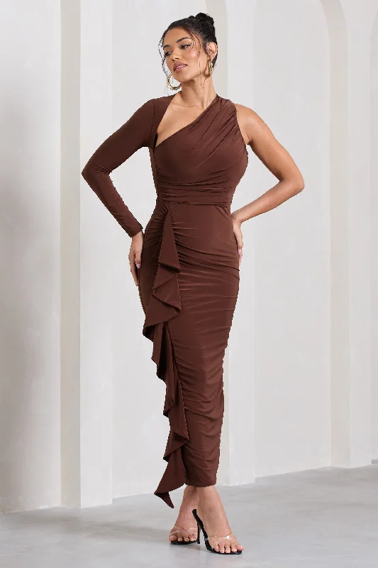 Compass | Brown One-Sleeved Cut-Out Maxi Dress With Ruffle Stylish Empire Waist Maxi Dress Compass | Brown One-Sleeved Cut-Out Maxi Dress With Ruffle Stylish Empire Waist Maxi Dress