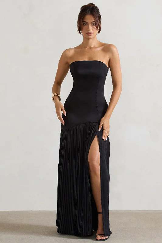 Confidence | Black Satin Bandeau Pleated Split Maxi Dress Elegant Maxi Dress with Lace Confidence | Black Satin Bandeau Pleated Split Maxi Dress Elegant Maxi Dress with Lace