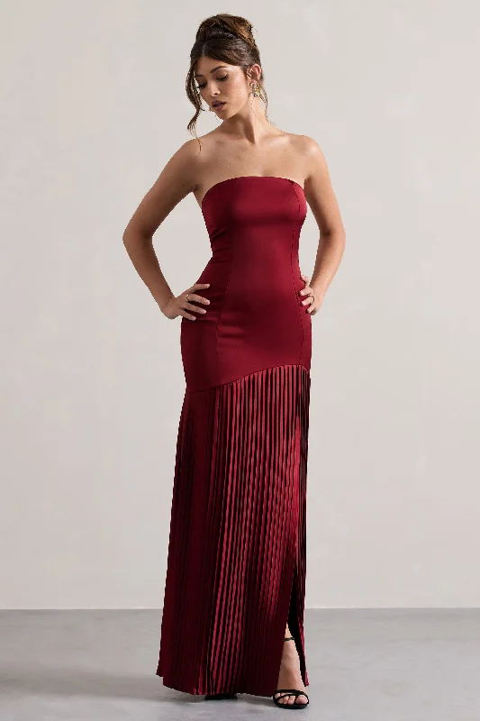Confidence | Burgundy Satin Bandeau Pleated Split Maxi Dress Cozy Ribbed Maxi Dress