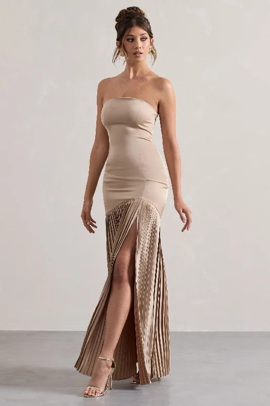 Confidence | Champagne Satin Bandeau Pleated Split Maxi Dress Cozy Knitted Maxi Dress