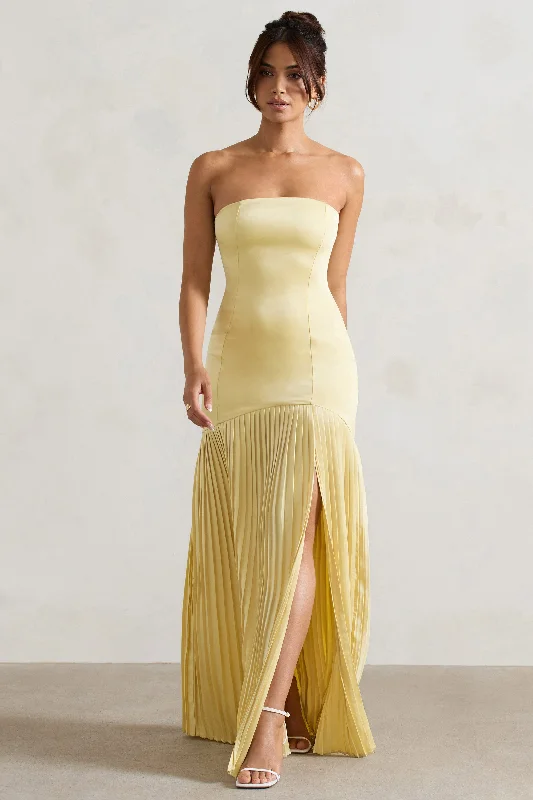 Confidence | Lemon Satin Bandeau Pleated Split Maxi Dress Stylish One-Shoulder Maxi Dress Confidence | Lemon Satin Bandeau Pleated Split Maxi Dress Stylish One-Shoulder Maxi Dress