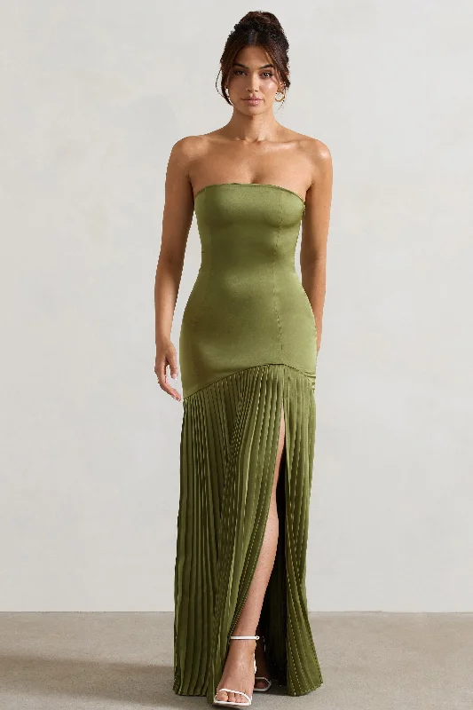 Confidence | Olive Satin Bandeau Pleated Split Maxi Dress Classic Black Maxi Dress