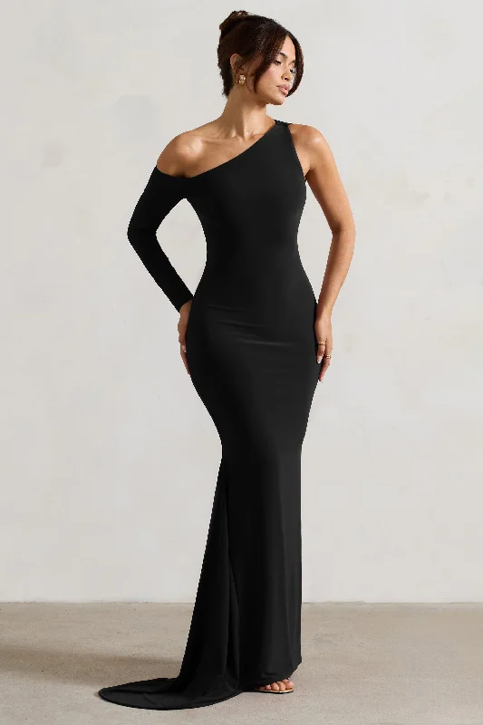 Contradiction | Black One-Sleeve Asymmetric Maxi Dress Stylish Off-Shoulder Maxi Dress Contradiction | Black One-Sleeve Asymmetric Maxi Dress Stylish Off-Shoulder Maxi Dress