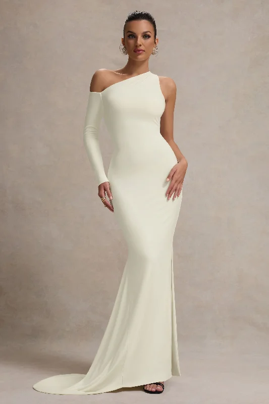 Contradiction | Cream One-Sleeve Asymmetric Maxi Dress Stylish Maxi Dress with Frills Contradiction | Cream One-Sleeve Asymmetric Maxi Dress Stylish Maxi Dress with Frills