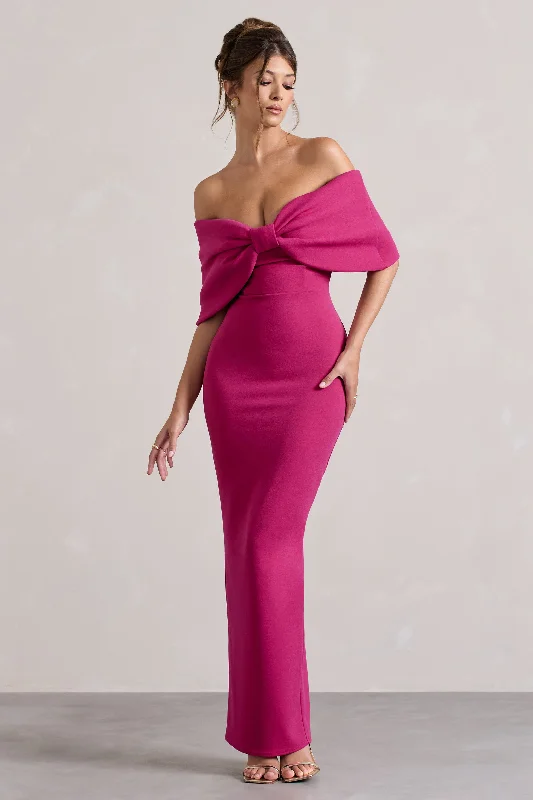 Cornelia | Hot Pink Strapless Maxi Dress With Oversized Bow Classic V-Neck Maxi Dress Cornelia | Hot Pink Strapless Maxi Dress With Oversized Bow Classic V-Neck Maxi Dress