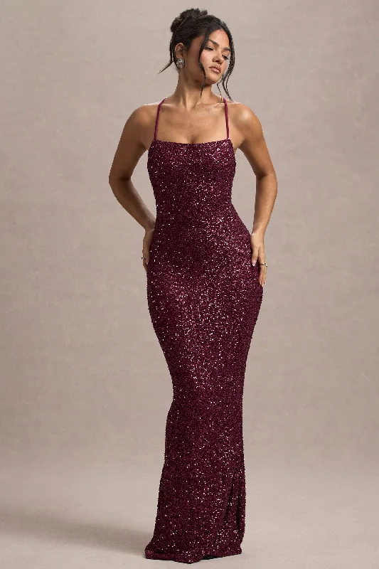 Cosmic | Berry Sequin Square-Neck Strappy Maxi Dress Comfortable Plunging Neckline Maxi Dress