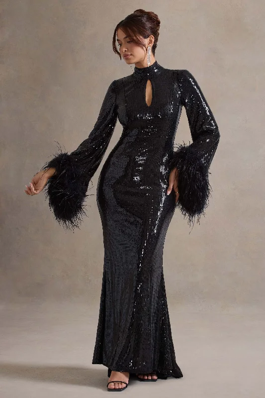 Cosmic Star | Black Sequin High-Neck Maxi Dress With Feather Cuffs Comfortable Bohemian Maxi Dress Cosmic Star | Black Sequin High-Neck Maxi Dress With Feather Cuffs Comfortable Bohemian Maxi Dress