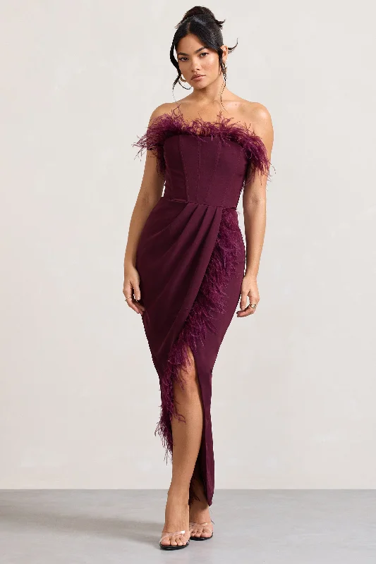 Cosmo | Burgundy Bandeau Feather Corset Split Maxi Dress Trendy Maxi Dress with Bow