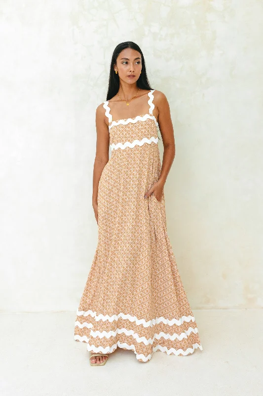 Cyra Beige Geo Ric Rac Maxi Dress Stylish Off-Shoulder Maxi Dress
