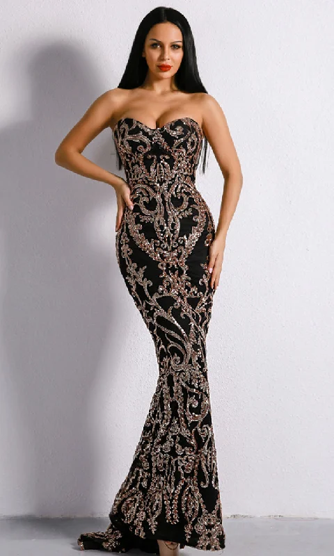 Dashing Diva Gold Black Sequin Ornate Pattern Strapless Sweetheart Neck Maxi Dress Comfortable Maxi Dress with Sleeves Dashing Diva Gold Black Sequin Ornate Pattern Strapless Sweetheart Neck Maxi Dress Comfortable Maxi Dress with Sleeves