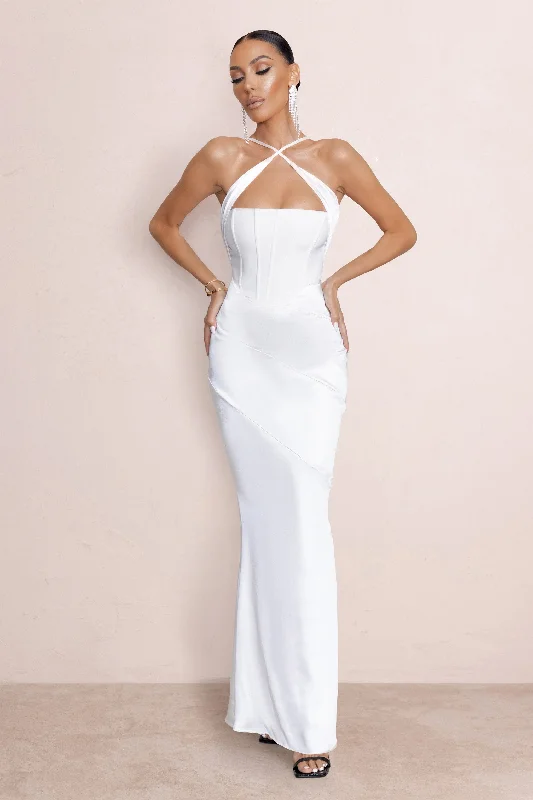 Dulcet | White Cross Over Neck Corset Maxi Dress Cozy Maxi Dress with Slit